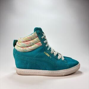 Puma PC Wedge Teal Blue Suede High Top Hidden Heel Sneakers Women's Size 6.5